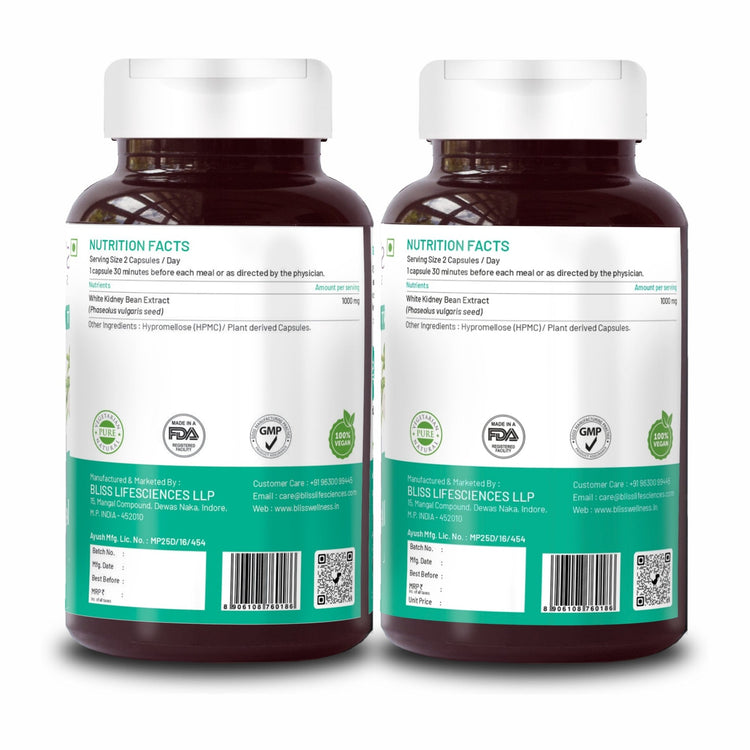 Bliss Welness CarbBliss Pure Blocker Inhibitor | Premium White Kidney Bean Extract | Carbohydrate Control Weight & Sugar Management Supplement - 60 Vegetarian Capsules - Bliss Welness