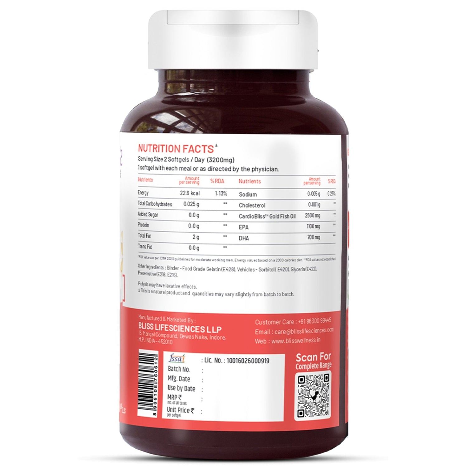 Bliss Welness CardioBliss Absolute Fish Oil Triple 3X Strength 2500mg | 1100mg EPA 700mg DHA 200mg Other Omega 3 6 9 Fatty Acid | Cold Pressed Molecular Distilled Burp Free | Brain Heart Joints Eye Muscle Build Skin Health Supplement - 60 Softgel Caps - Bliss Welness