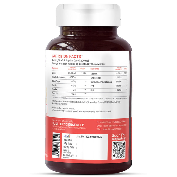 Bliss Welness CardioBliss Absolute Fish Oil Triple 3X Strength 2500mg | 1100mg EPA 700mg DHA 200mg Other Omega 3 6 9 Fatty Acid | Cold Pressed Molecular Distilled Burp Free | Brain Heart Joints Eye Muscle Build Skin Health Supplement - 60 Softgel Caps - Bliss Welness
