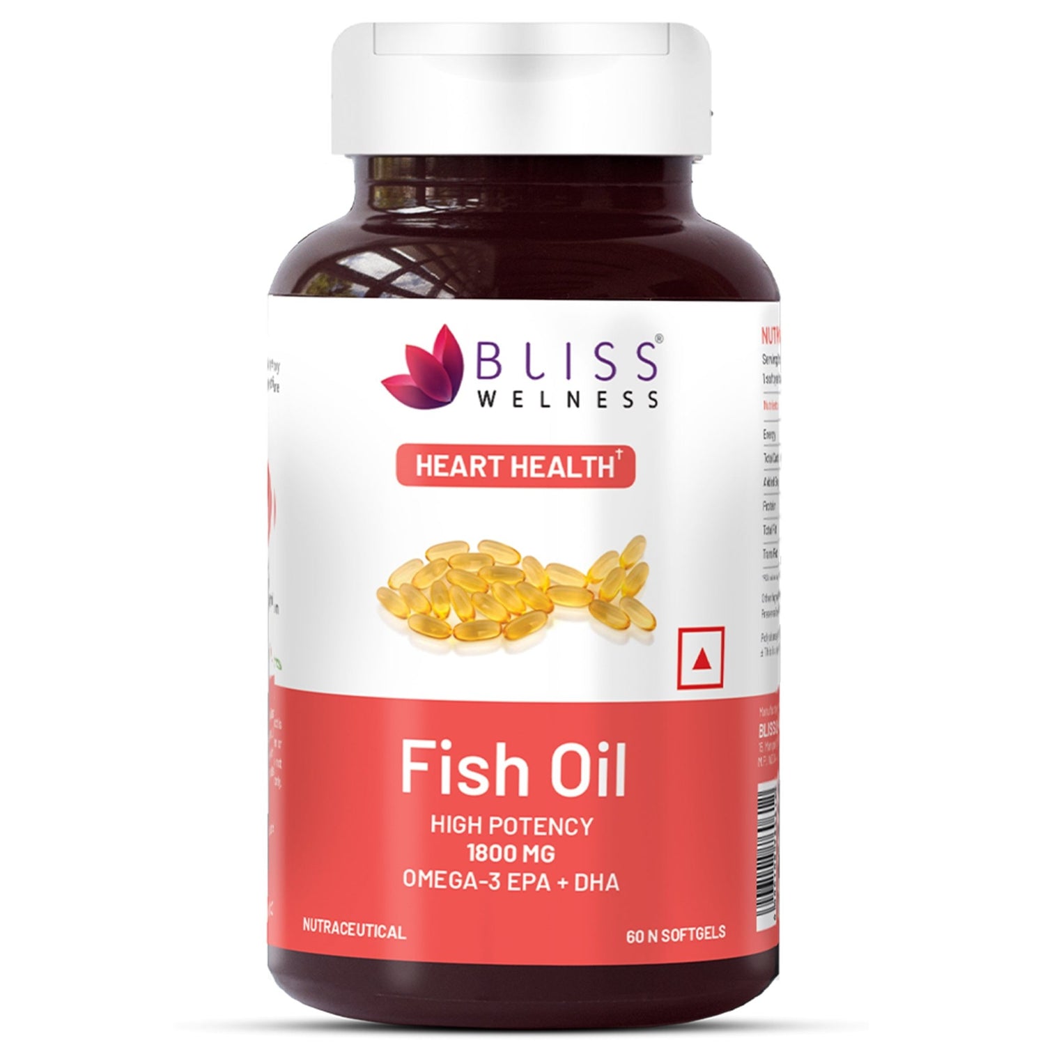 Bliss Welness CardioBliss Absolute Fish Oil Triple 3X Strength 2500mg | 1100mg EPA 700mg DHA 200mg Other Omega 3 6 9 Fatty Acid | Cold Pressed Molecular Distilled Burp Free | Brain Heart Joints Eye Muscle Build Skin Health Supplement - 60 Softgel Caps - Bliss Welness