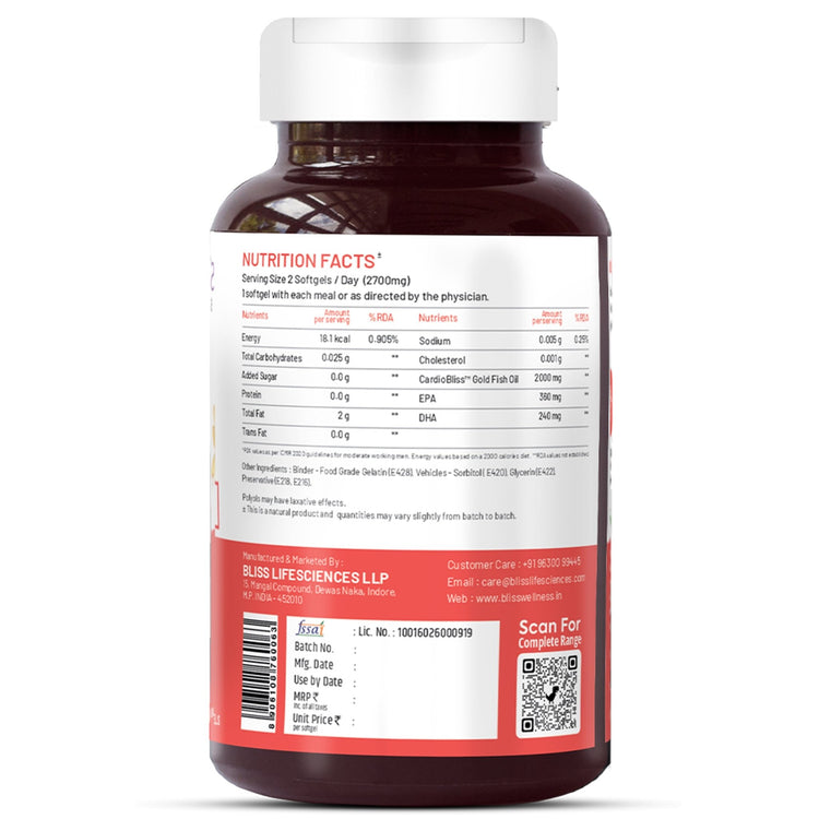 Bliss Welness CardioBliss Gold Fish oil (2000 Omega 3 with 360 mg EPA & 240 mg DHA) for Brain Heart Eye & Joint health of Men & Women - 60 Softgel Capsules - Bliss Welness