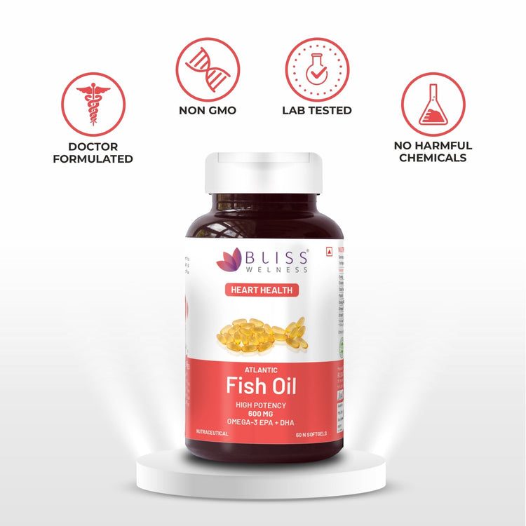 Bliss Welness CardioBliss Gold Fish oil (2000 Omega 3 with 360 mg EPA & 240 mg DHA) for Brain Heart Eye & Joint health of Men & Women - 60 Softgel Capsules - Bliss Welness