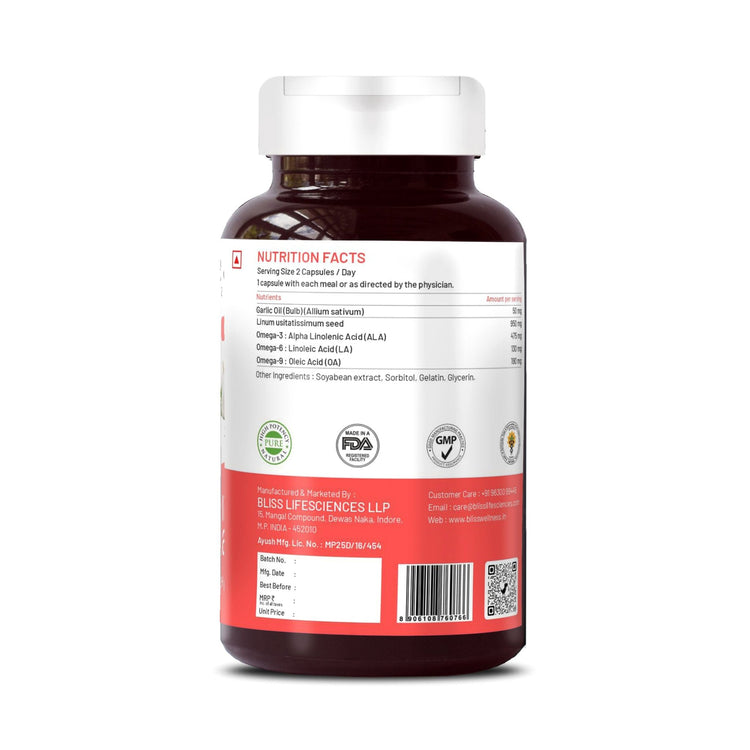 Bliss Welness CardioBliss Natural Cholesterol Management Immunity Boost | Garlic Oil + Omega 3 6 9 Oil | Heart & Weight Management Detox Antioxidant Supplement - 60 Softgel Capsules - Bliss Welness