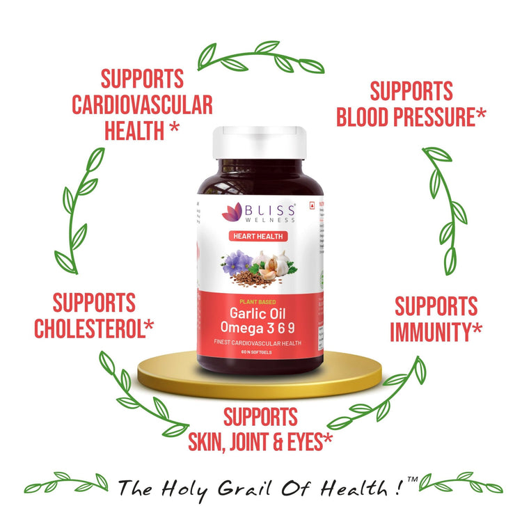 Bliss Welness CardioBliss Natural Cholesterol Management Immunity Boost | Garlic Oil + Omega 3 6 9 Oil | Heart & Weight Management Detox Antioxidant Supplement - 60 Softgel Capsules - Bliss Welness