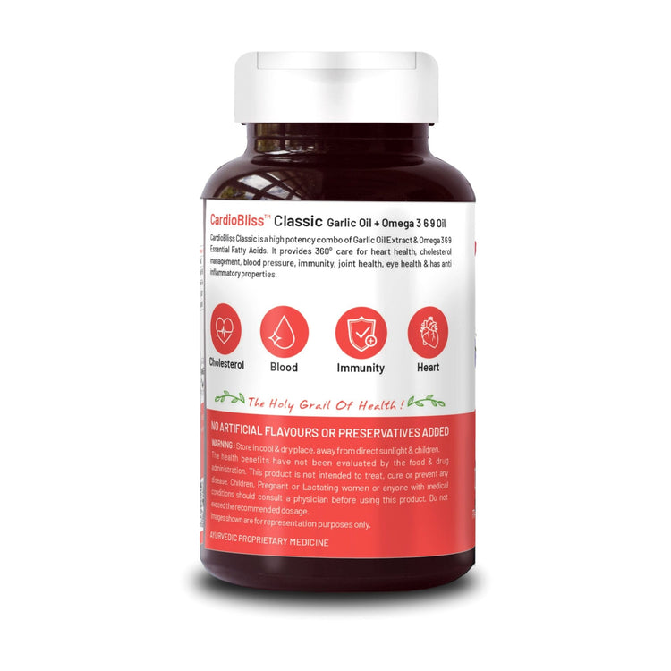 Bliss Welness CardioBliss Natural Cholesterol Management Immunity Boost | Garlic Oil + Omega 3 6 9 Oil | Heart & Weight Management Detox Antioxidant Supplement - 60 Softgel Capsules - Bliss Welness