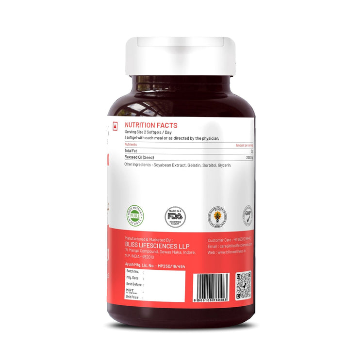 Bliss Welness CardioBliss Natural Organic Flaxseed Oil 2000MG Omega 3 6 9 Cold Pressed Heart Brain Eye Skin Health Supplement - 60 Softgel Capsule - Bliss Welness