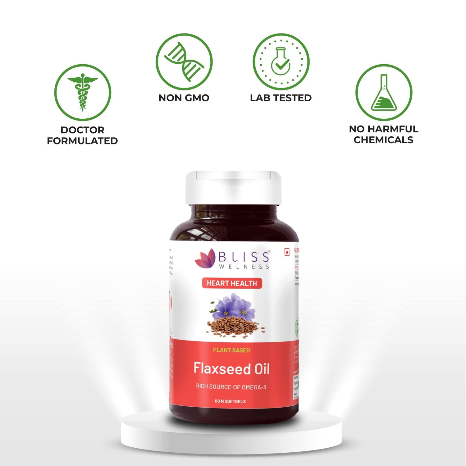 Bliss Welness CardioBliss Natural Organic Flaxseed Oil 2000MG Omega 3 6 9 Cold Pressed Heart Brain Eye Skin Health Supplement - 60 Softgel Capsule - Bliss Welness