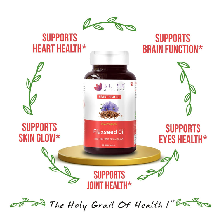 Bliss Welness CardioBliss Natural Organic Flaxseed Oil 2000MG Omega 3 6 9 Cold Pressed Heart Brain Eye Skin Health Supplement - 60 Softgel Capsule - Bliss Welness