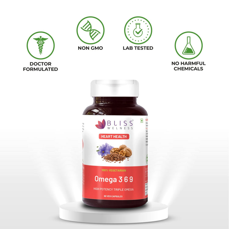 Bliss Welness CardioBliss Pure Omega 3 6 9 Heart & Brain Health | Triple Omega 3 6 9 ALA (Omega 3) 500MG LA (Omega 6) 137MG OA (Omega 9) 200MG - 60 Vegetarian Capsules - Bliss Welness