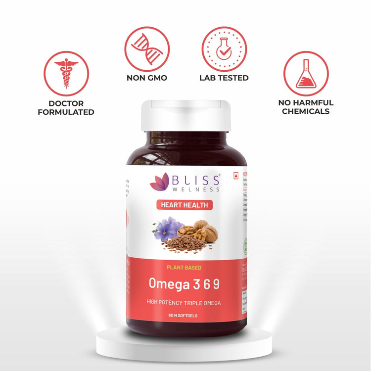 Bliss Welness CardioBliss Pure Omega 3 6 9 Omega 3 with Omega 6 & Omega 9 2000MG with ALA (Omega 3) 1000MG LA (Omega 6) 274MG OA (Omega 9) 400MG Heart Brain Eye Immunity Health Supplement - 60 Softgel Capsules - Bliss Welness