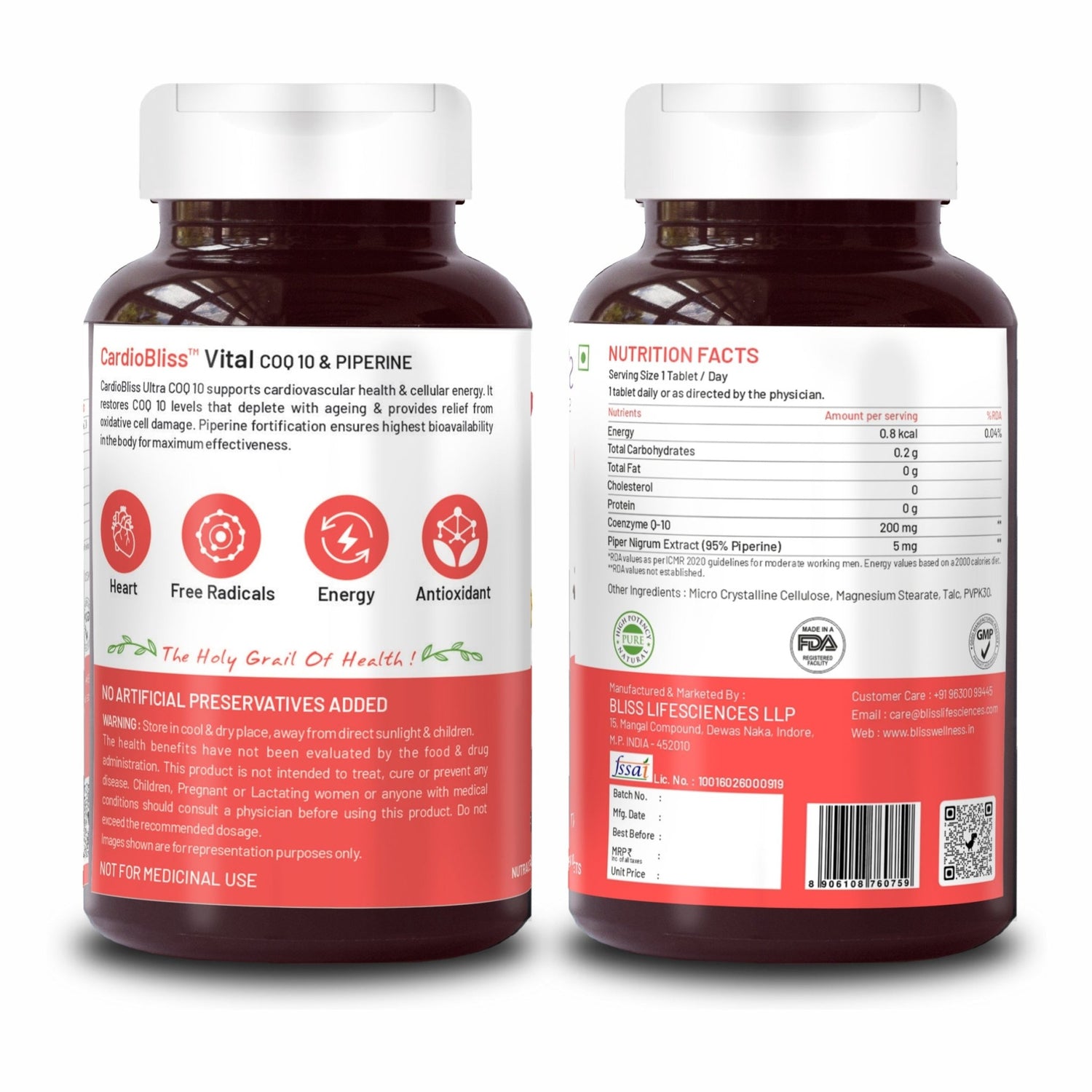 Bliss Welness CardioBliss Vital Heart Health Healthy Ageing | Coenzyme Q10 (CoQ10) 100mg with High Absorption BioPiperine 5mg | Glowing Skin Sugar Immunity Management Supplement - 60 Vegetarian Tablets - Bliss Welness