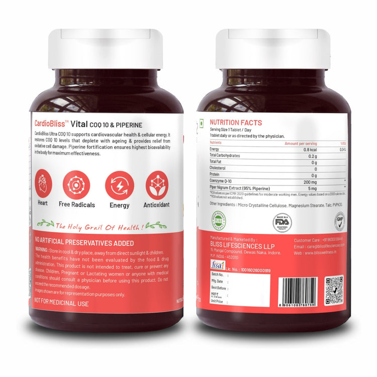 Bliss Welness CardioBliss Vital Heart Health Healthy Ageing | Coenzyme Q10 (CoQ10) 100mg with High Absorption BioPiperine 5mg | Glowing Skin Sugar Immunity Management Supplement - 60 Vegetarian Tablets - Bliss Welness
