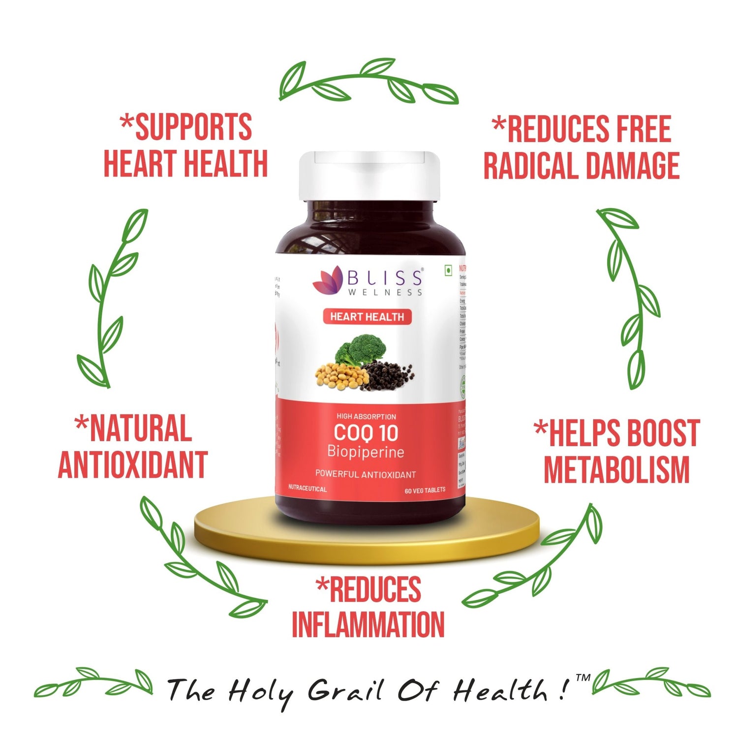 Bliss Welness CardioBliss Vital Heart Health Healthy Ageing | Coenzyme Q10 (CoQ10) 100mg with High Absorption BioPiperine 5mg | Glowing Skin Sugar Immunity Management Supplement - 60 Vegetarian Tablets - Bliss Welness