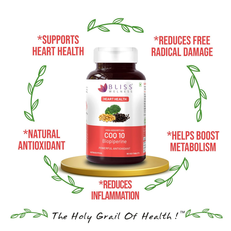 Bliss Welness CardioBliss Vital Heart Health Healthy Ageing | Coenzyme Q10 (CoQ10) 100mg with High Absorption BioPiperine 5mg | Glowing Skin Sugar Immunity Management Supplement - 60 Vegetarian Tablets - Bliss Welness