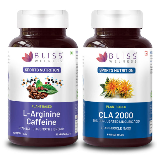 Bliss Welness CLA 2000 (Conjugated Lenoleic Acid) + L - Arginine Nitric Oxide & Caffeine 1400mg | Energy Gain Performance Pre & Post Workout Health Supplement 60 Capsules + 60 Tablets - Bliss Welness