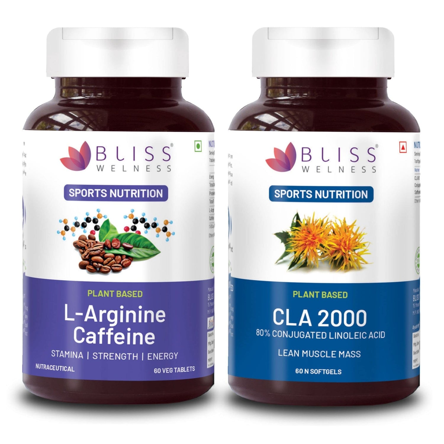 Bliss Welness CLA 2000 (Conjugated Lenoleic Acid) + L - Arginine Nitric Oxide & Caffeine 1400mg | Energy Gain Performance Pre & Post Workout Health Supplement 60 Capsules + 60 Tablets - Bliss Welness