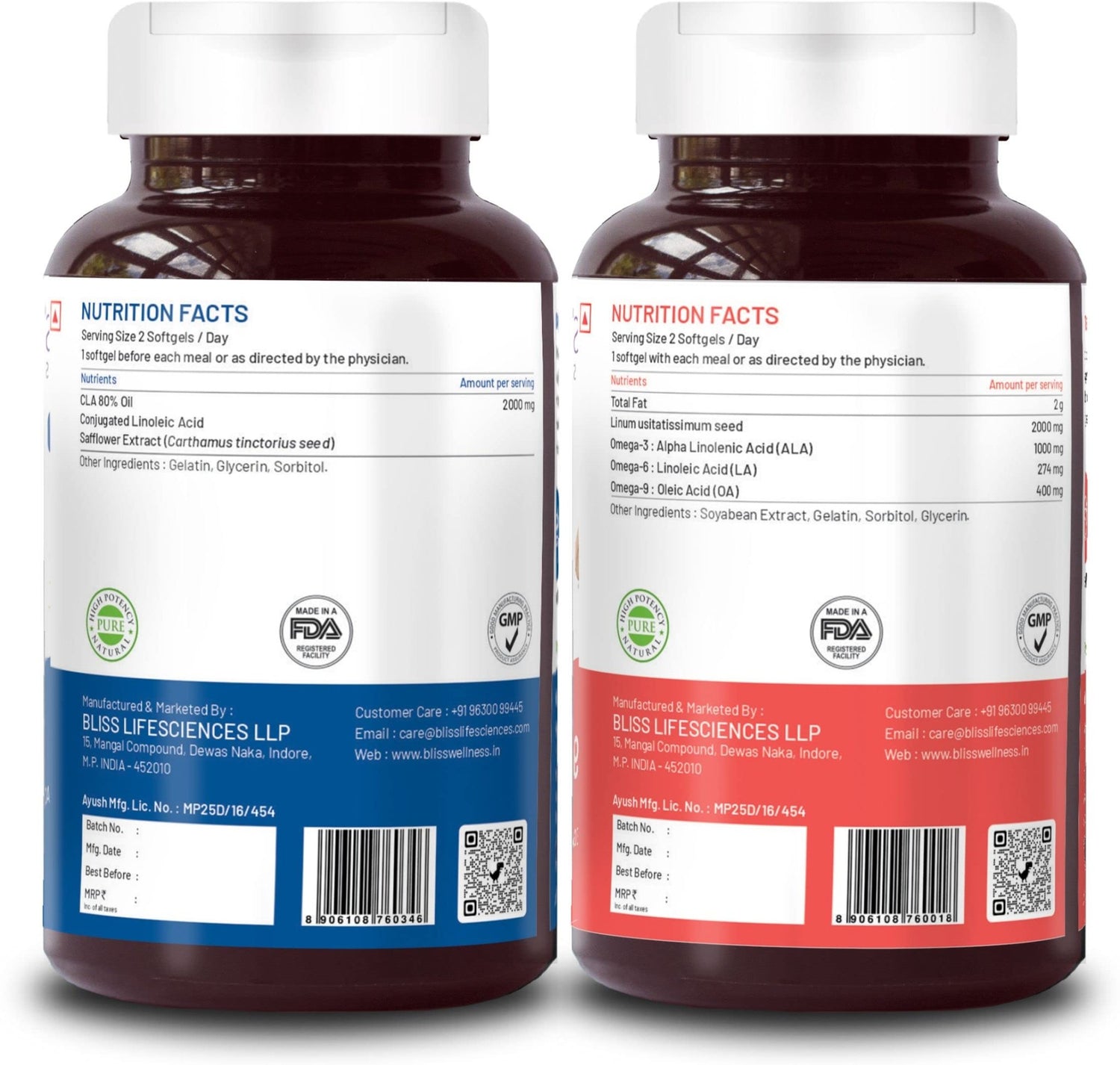 Bliss Welness CLA 2000 (Conjugated Lenoleic Acid) Lean Muscle Build + Cardio Bliss Pure Omega 3 with Omega 6 & Omega 9 2000MG Combo Pack - 60+60 Softgel Capsules - Bliss Welness