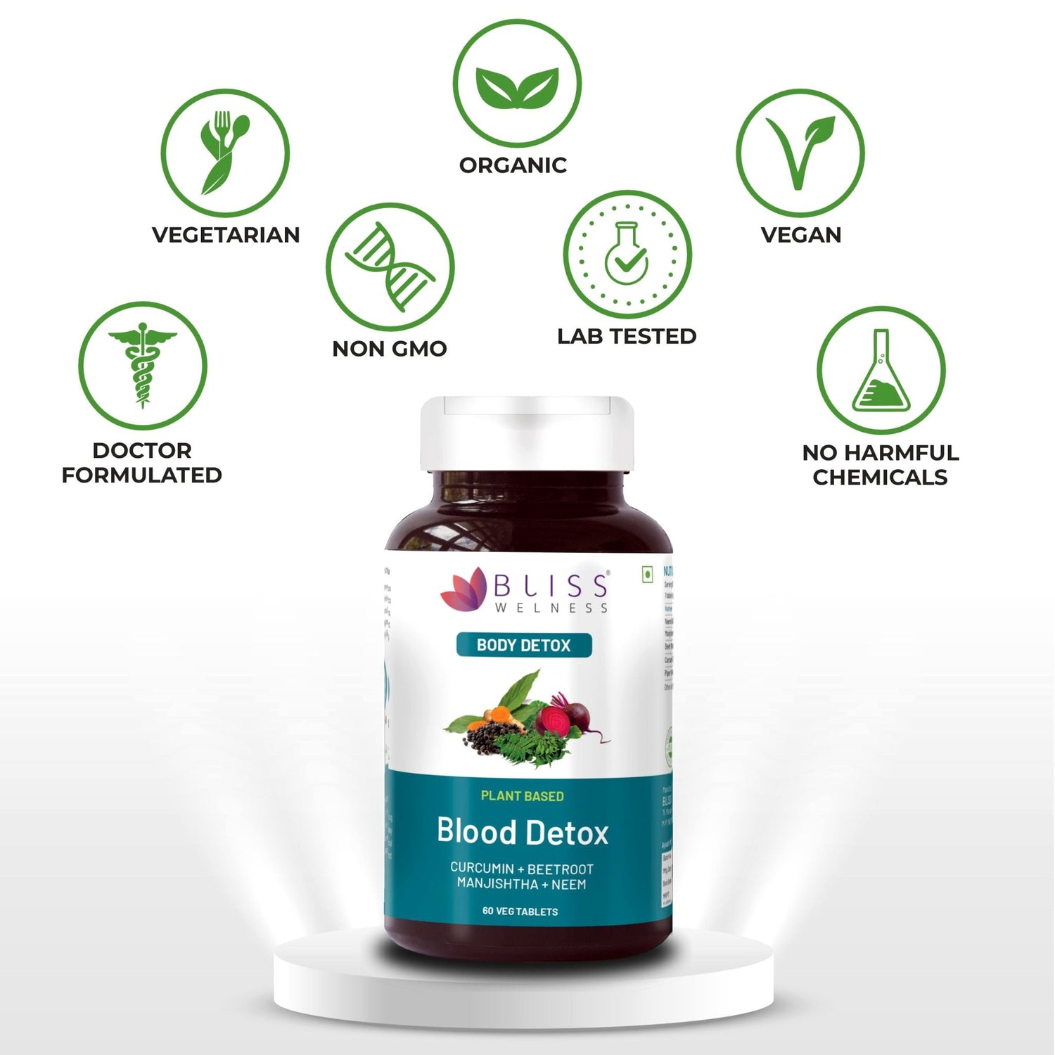Bliss Welness DetoxBliss Blood Detox & Purify Combo of Beetroot Manjishtha Neem & Curcumin Anti Acne & Anti Bacterial & Fungal Supplement - 60 Vegetarian Tablets - Bliss Welness