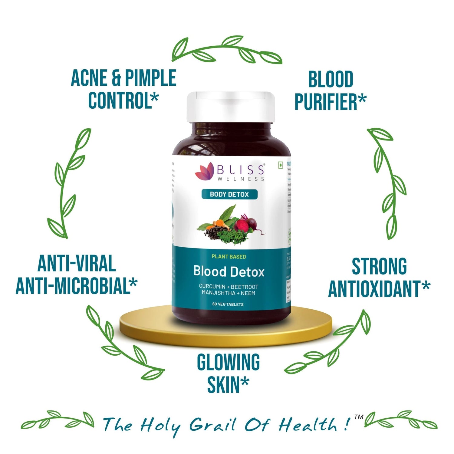 Bliss Welness DetoxBliss Blood Detox & Purify Combo of Beetroot Manjishtha Neem & Curcumin Anti Acne & Anti Bacterial & Fungal Supplement - 60 Vegetarian Tablets - Bliss Welness