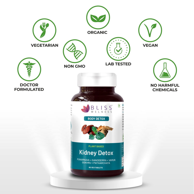 Bliss Welness DetoxBliss Kidney Detox Cleanse Purifier | Gokhru Patharchata Ganoderma | Urinary Tract Infection (UTI) Kidney Stone Dissolution Herbal Supplement - 60 Vegetarian Tablets - Bliss Welness