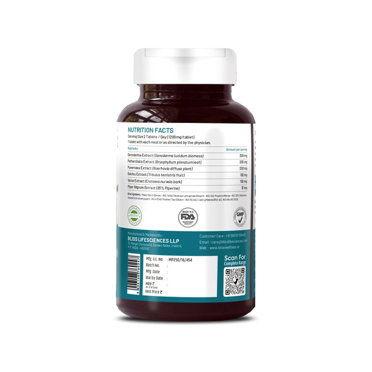 Bliss Welness DetoxBliss Kidney Detox Cleanse Purifier | Gokhru Patharchata Ganoderma | Urinary Tract Infection (UTI) Kidney Stone Dissolution Herbal Supplement - 60 Vegetarian Tablets - Bliss Welness