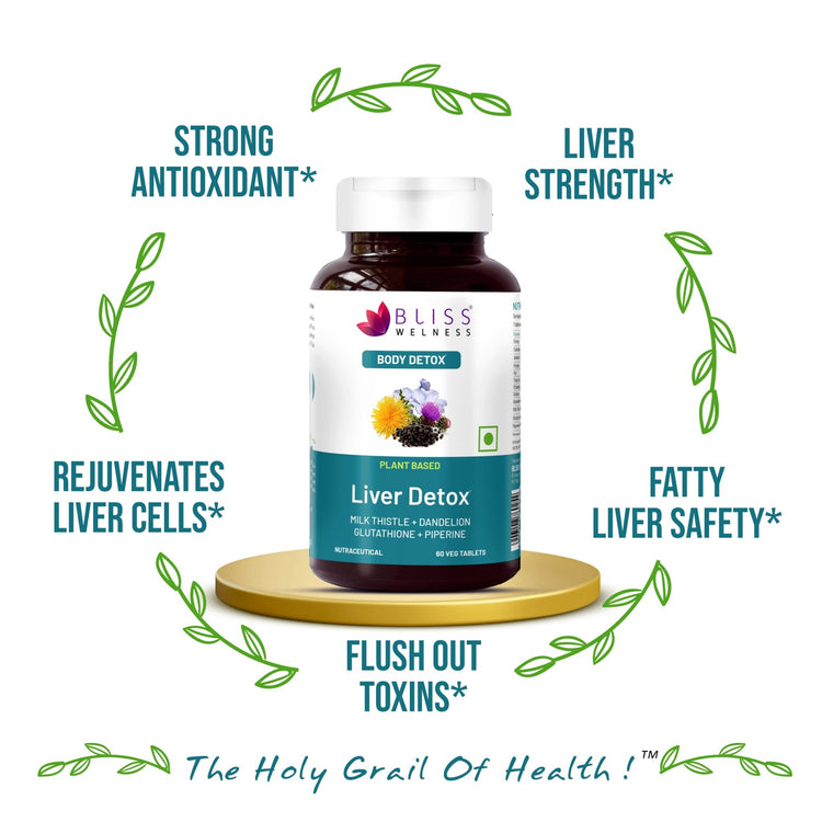 Bliss Welness DetoxBliss Liver Detox Cleanse Purifier | Milk Thistle Silymarin Dandelion Glutathione | Fatty Liver Protection Liver Care Alcohol Detox Herbal Supplement - 60 Veg Tablets - Bliss Welness