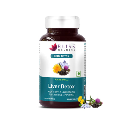 Bliss Welness DetoxBliss Liver Detox Cleanse Purifier | Milk Thistle Silymarin Dandelion Glutathione | Fatty Liver Protection Liver Care Alcohol Detox Herbal Supplement - 60 Veg Tablets - Bliss Welness