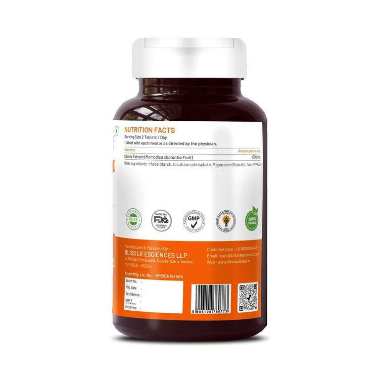 Bliss Welness GlucoBliss Gold Blood Purifier Skin Glow | Pure Karela Extract (Bitter Melon) 1000 mg | Metabolic Wellness Blood Sugar Management Ayurvedic Health Supplement - 60 Veg Tablets - Bliss Welness