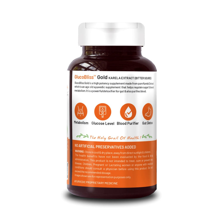 Bliss Welness GlucoBliss Gold Blood Purifier Skin Glow | Pure Karela Extract (Bitter Melon) 1000 mg | Metabolic Wellness Blood Sugar Management Ayurvedic Health Supplement - 60 Veg Tablets - Bliss Welness