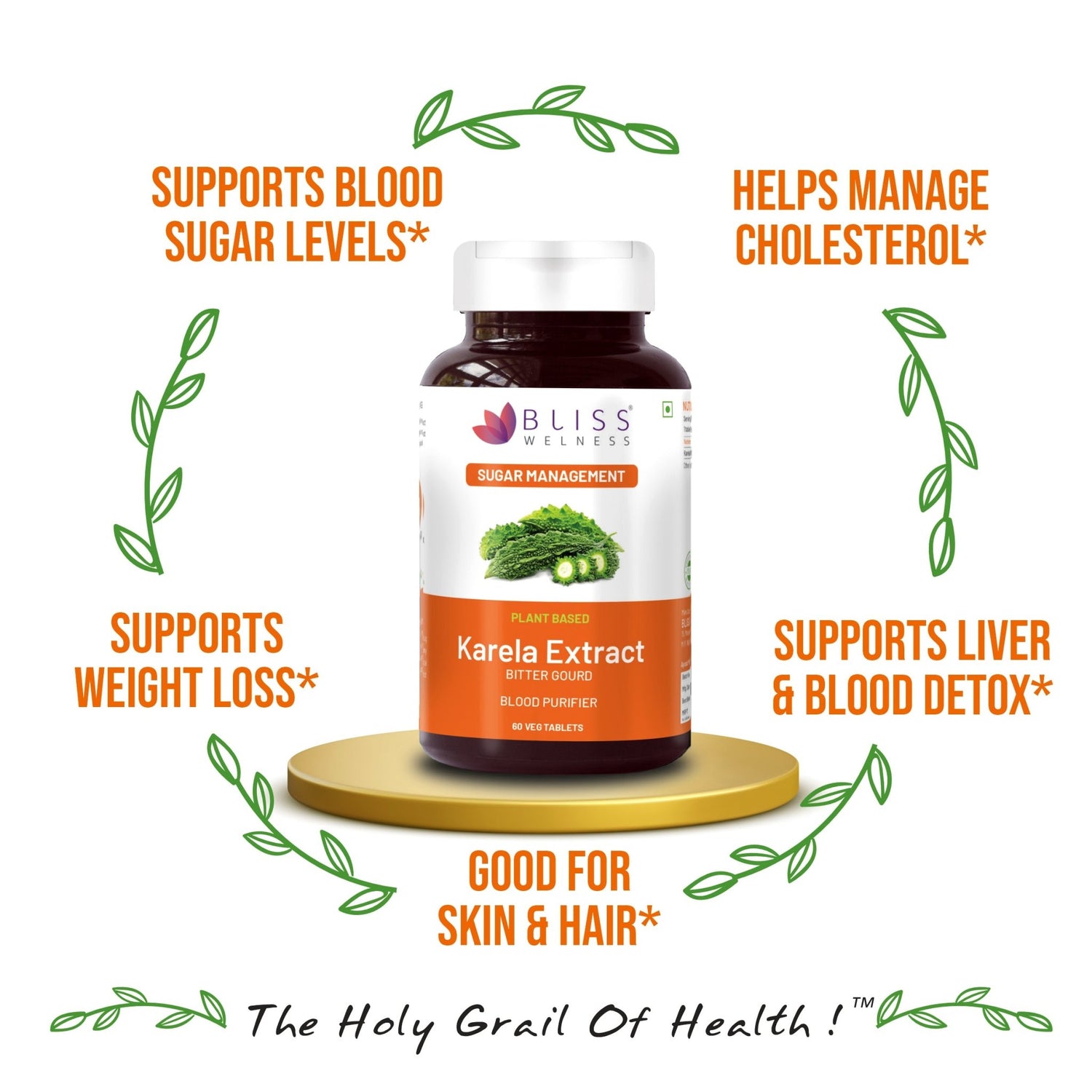 Bliss Welness GlucoBliss Gold Blood Purifier Skin Glow | Pure Karela Extract (Bitter Melon) 1000 mg | Metabolic Wellness Blood Sugar Management Ayurvedic Health Supplement - 60 Veg Tablets - Bliss Welness