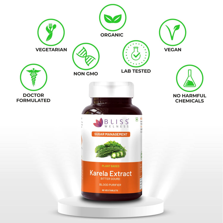 Bliss Welness GlucoBliss Gold Blood Purifier Skin Glow | Pure Karela Extract (Bitter Melon) 1000 mg | Metabolic Wellness Blood Sugar Management Ayurvedic Health Supplement - 60 Veg Tablets - Bliss Welness
