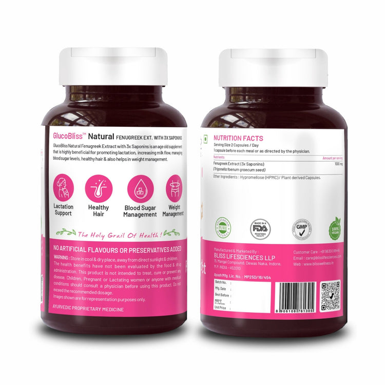 Bliss Welness GlucoBliss Natural Fenugreek Extract with 3x Saponins for Lactation Support, Hair, Blood, and Sugar Management Supplement - 60 Vegetarian Capsules - Bliss Welness