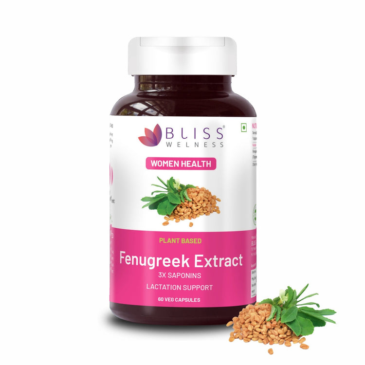 Bliss Welness GlucoBliss Natural Fenugreek Extract with 3x Saponins for Lactation Support, Hair, Blood, and Sugar Management Supplement - 60 Vegetarian Capsules - Bliss Welness