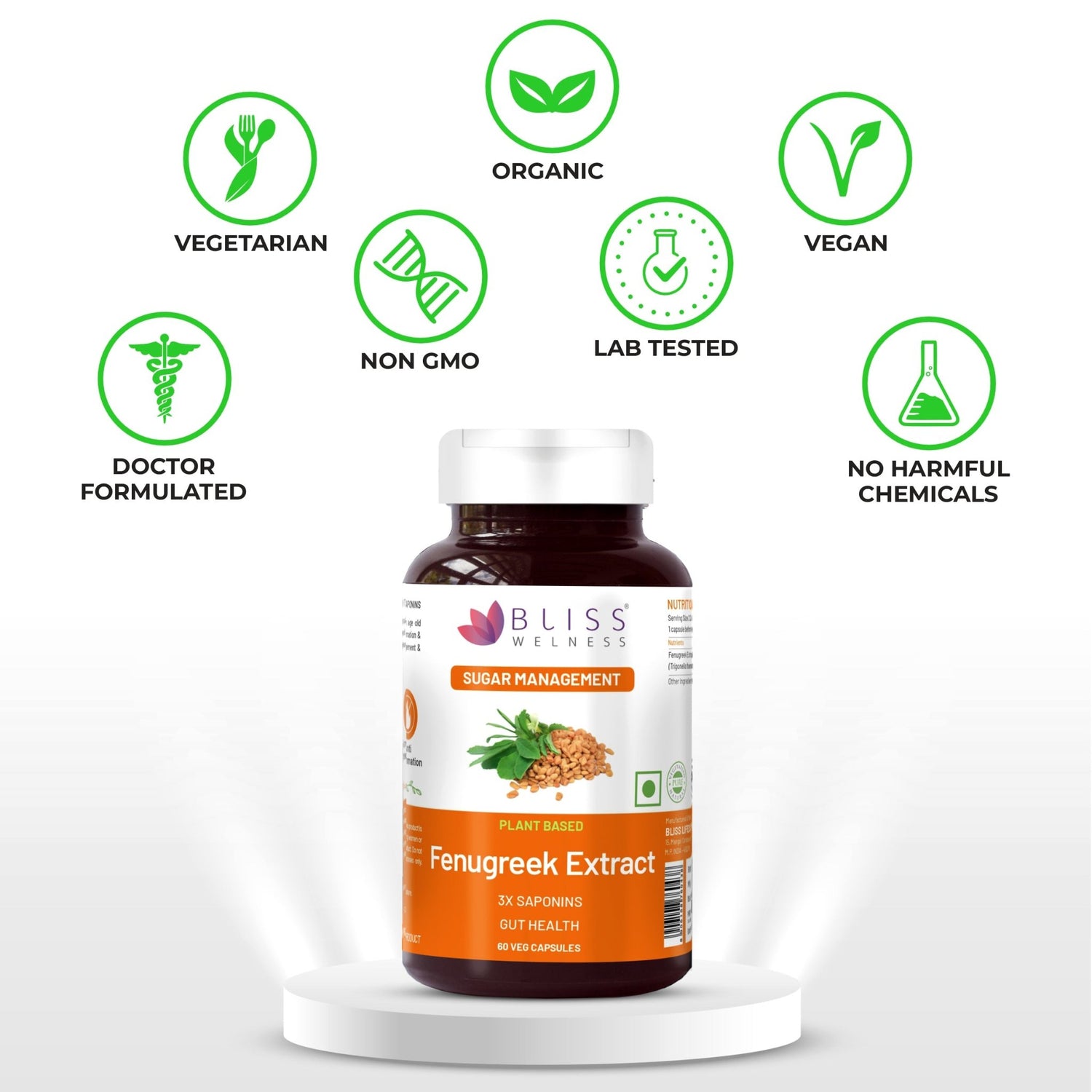 Bliss Welness GlucoBliss Natural Pure Fenugreek Extract with 3X Saponins 1000mg Ayurvedic Herbal Supplement - 60 Vegetarian Capsules - Bliss Welness