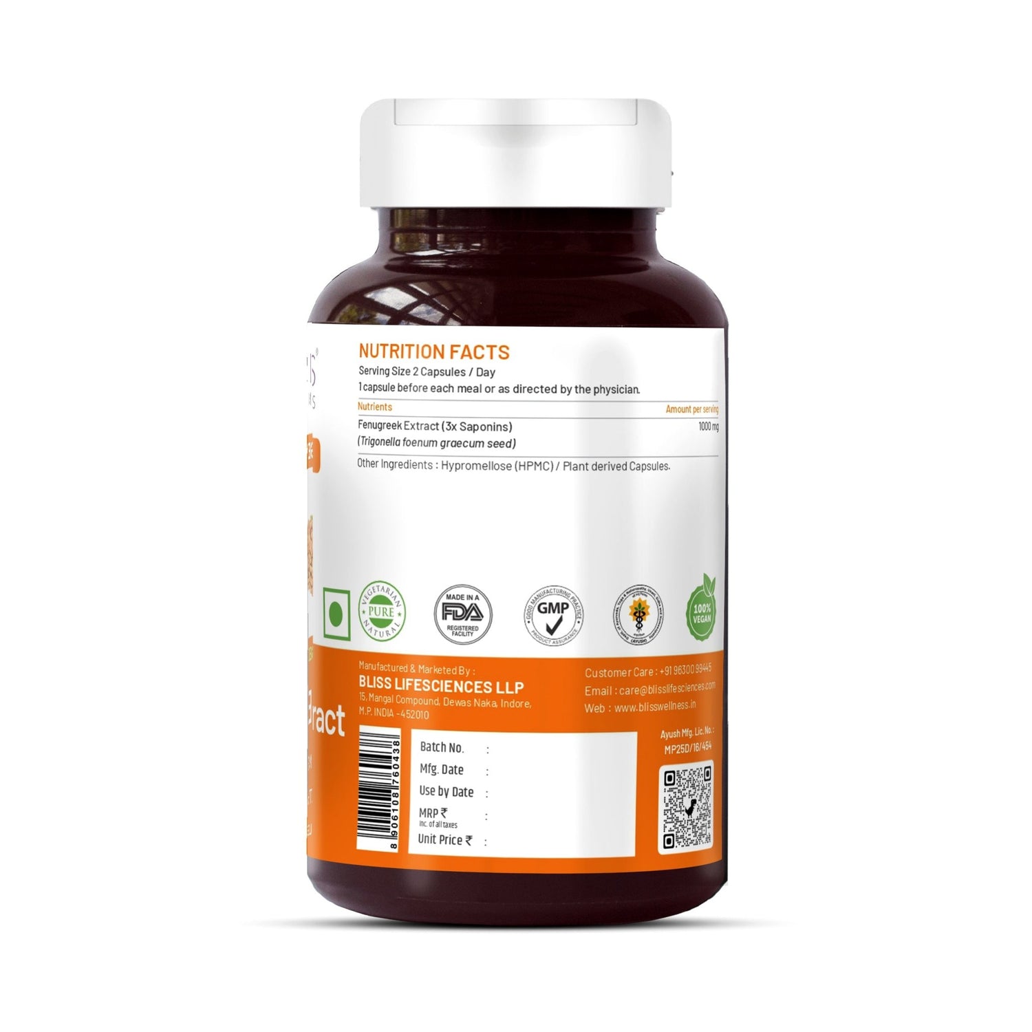 Bliss Welness GlucoBliss Natural Pure Fenugreek Extract with 3X Saponins 1000mg Ayurvedic Herbal Supplement - 60 Vegetarian Capsules - Bliss Welness