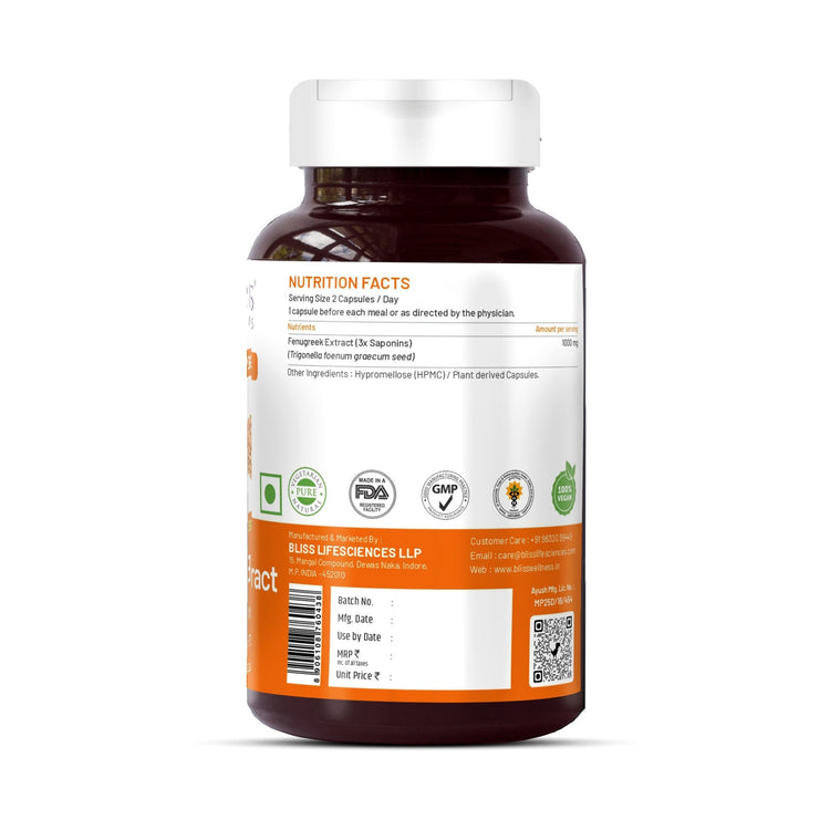 Bliss Welness GlucoBliss Natural Pure Fenugreek Extract with 3X Saponins 1000mg Ayurvedic Herbal Supplement - 60 Vegetarian Capsules - Bliss Welness
