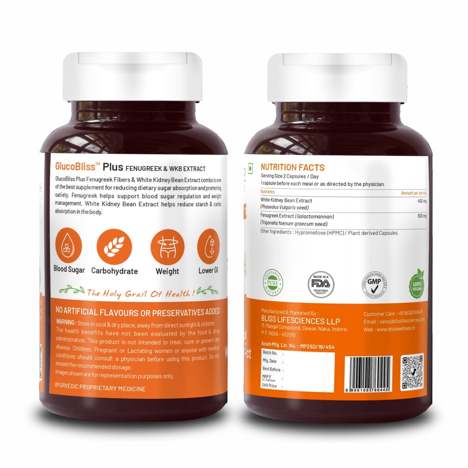 Bliss Welness GlucoBliss Plus Fenugreek & WKB Extract Blood Sugar & Weight Management | Pure Fenugreek Extract 3X Saponins + White Kidney Bean Extract Carb Blocker - 60 Veg Capsules - Bliss Welness