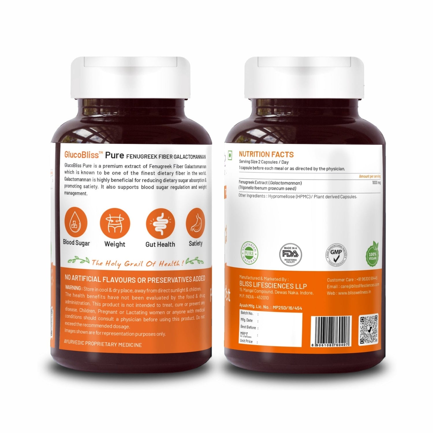 Bliss Welness GlucoBliss Pure Sugar & Weight Management | Fenugreek Seed Extract 1000mg Galactomannan Fiber | Gut Metabolism Health Supplement - 60 Vegetarian Capsules - Bliss Welness