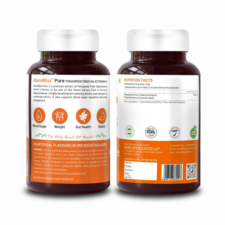 Bliss Welness GlucoBliss Pure Sugar & Weight Management | Fenugreek Seed Extract 1000mg Galactomannan Fiber | Gut Metabolism Health Supplement - 60 Vegetarian Capsules - Bliss Welness