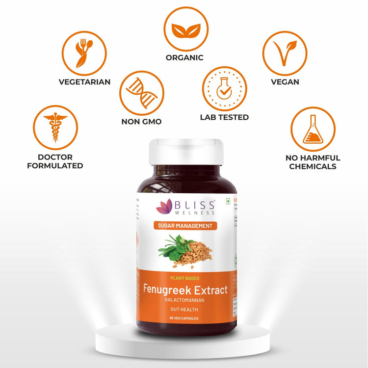 Bliss Welness GlucoBliss Pure Sugar & Weight Management | Fenugreek Seed Extract 1000mg Galactomannan Fiber | Gut Metabolism Health Supplement - 60 Vegetarian Capsules - Bliss Welness