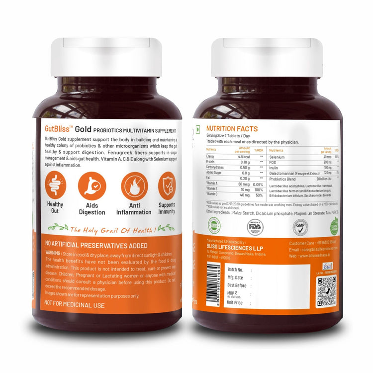 Bliss Welness GutBliss Gold Probiotics Multivitamin | Vitamin A C E Probiotics | Stomach Health Digestion Metabolism Toxin Removal Acidity Gas Control Herbal Supplement - 60 Veg Tablets Supplement - Bliss Welness
