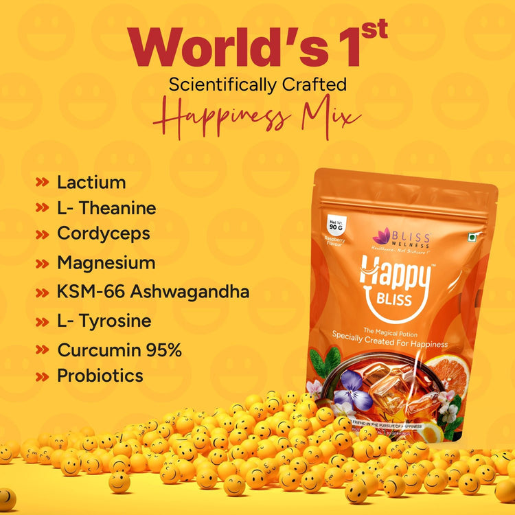 Bliss Welness Happy Bliss : Happiness, Anxiety & Stress Relief Supplement | Supports Calmness, Mood and Happy Hormones | Supports Balance of Cortisol, Dopamine, Endorphins, Serotonin & Oxytocin |Memory, Love & Cognition Support : 30 Servings - Bliss Welness