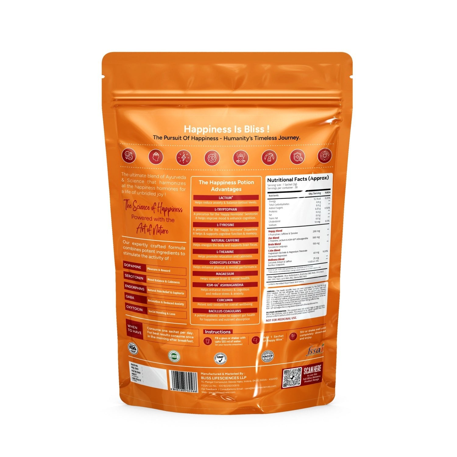 Bliss Welness Happy Bliss : Happiness, Anxiety & Stress Relief Supplement | Supports Calmness, Mood and Happy Hormones | Supports Balance of Cortisol, Dopamine, Endorphins, Serotonin & Oxytocin |Memory, Love & Cognition Support : 30 Servings - Bliss Welness