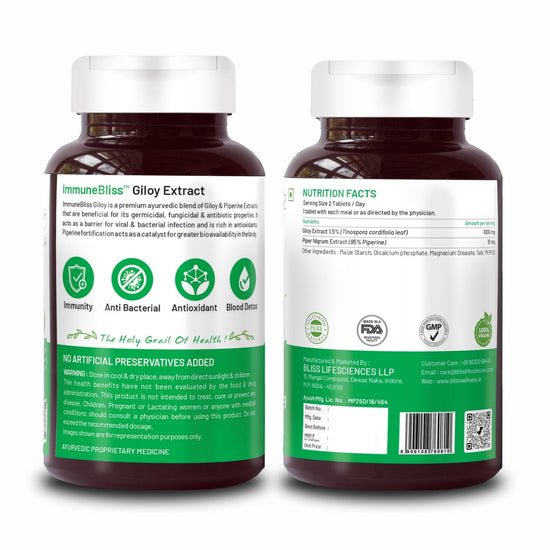 Bliss Welness ImmuneBliss Giloy Immunity Booster Blood Purification | Pure Giloy Extract 1000mg with BioPiperine 95% 10mg | High Absorption Ayurvedic Antioxidant Joint Health Sugar Management Supplement - 60 Vegetarian Tablets - Bliss Welness