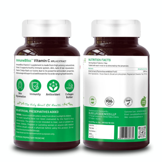 Bliss Welness ImmuneBliss Immunity Booster Glowing Skin | Natural Vitamin C (Amla Extract) 1000mg | Immunity Boost Antioxidant Skin Care Supplement - Vegan Tablets - Bliss Welness