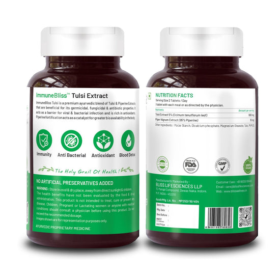 Bliss Welness ImmuneBliss Immunity Booster Respiratory Wellness | Pure Tulsi (Tulsi / Holy Basil) Extract 600mg with Piperine 10mg | Cough & Cold Care Supplement - 60 Veg Tablets - Bliss Welness