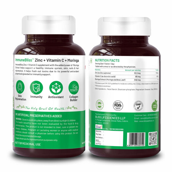 Bliss Welness ImmuneBliss Immunity Booster Skin Glow | Zinc Citrate + Vitamin C + Moringa Extract | Immune Boost Antioxidant Supplement - Veg Tablets - Bliss Welness