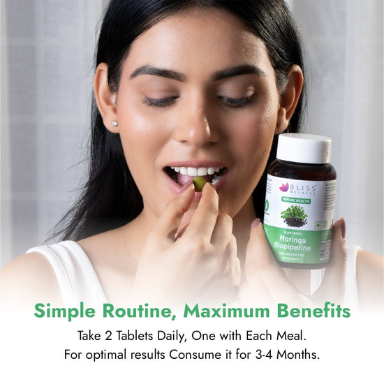 Bliss Welness ImmuneBliss Moringa Superfood Immunity Booster | Pure Moringa Fruit & Leaves Extract + Biopiperine | Antioxidant Blood Sugar Cholesterol Management Supplement - 60 Vegetarian Tablets - Bliss Welness