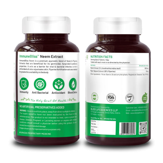 Bliss Welness ImmuneBliss Pure Skin Care Acne Control | Pure Neem Extract with BioPiperine | High Absorption Detoxification Immunity & Pimple Care Supplement - 60 Veg Tablets - Bliss Welness