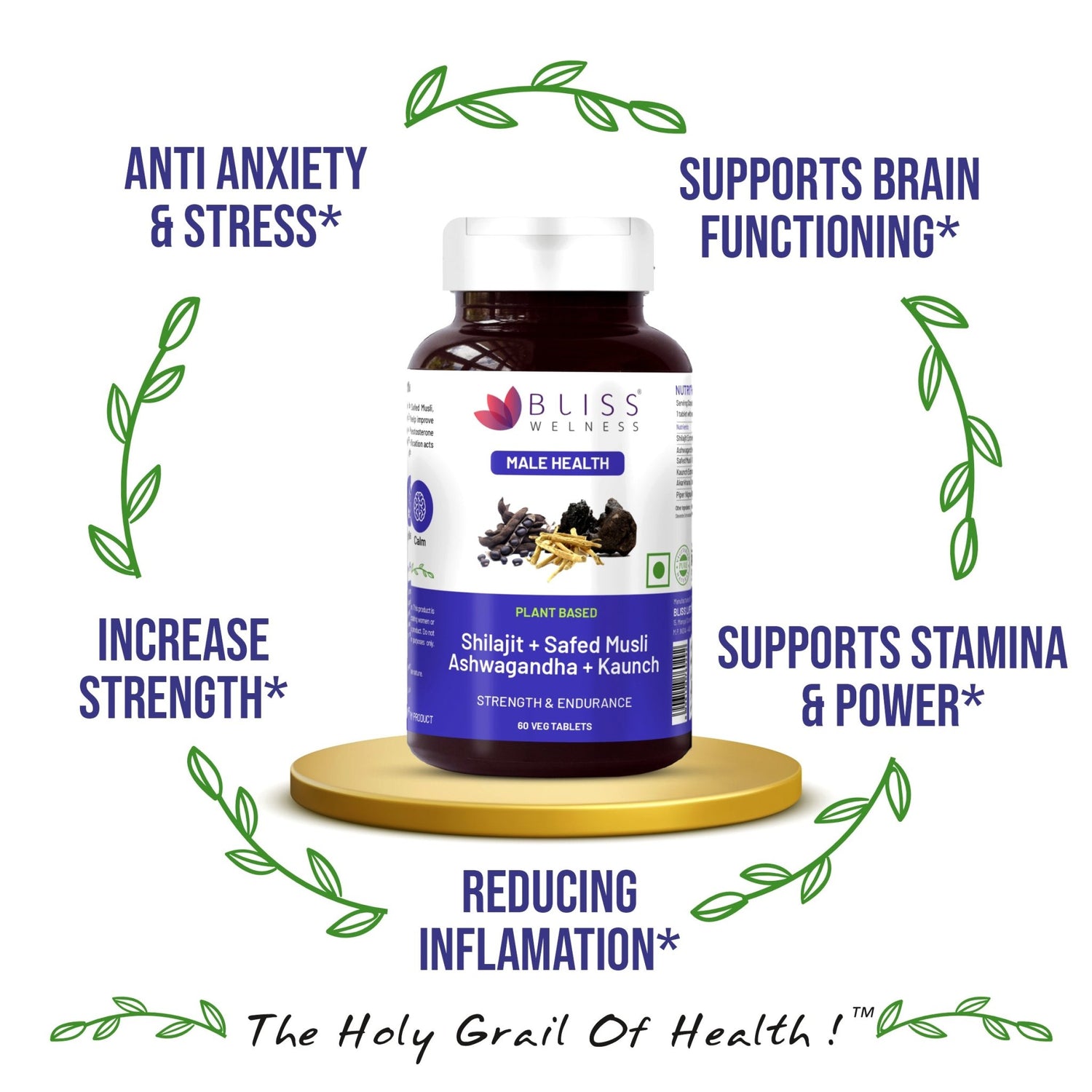 Bliss Welness JoshBliss Gold Stamina Energy Boost | Pure Shilajit Ashwagandha Kaunch Safed Musli Akharkhara Extract with BioPiperine | Improves Endurance Vitality | Men Health Supplement - 60 Vegetarian Tablets - Bliss Welness